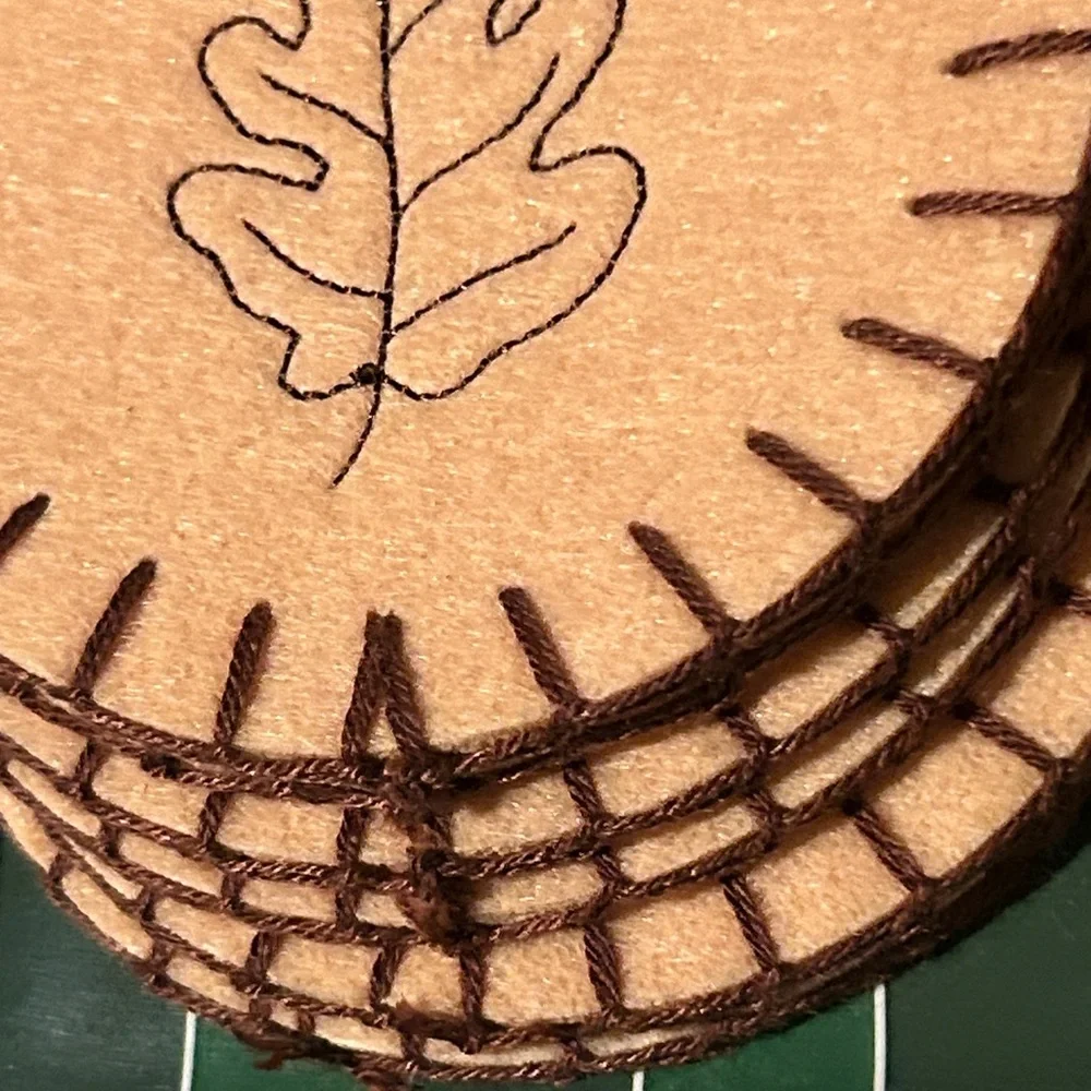 Handmade Tan Felt Coasters with Maple Leaf Embroidery Design NEW